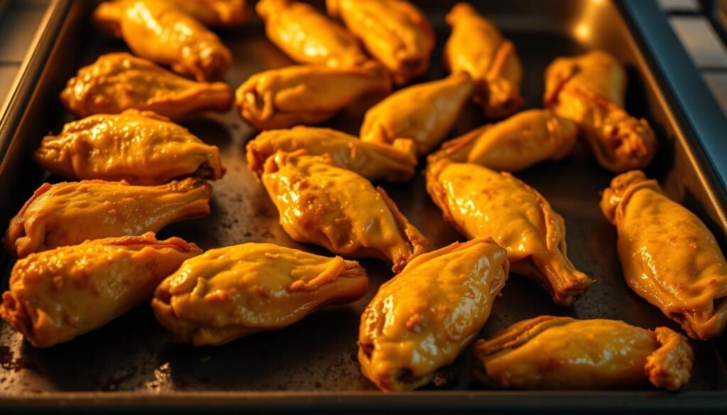 A baking tray filled with golden, crispy chicken wings, fresh from the oven. The wings are arranged in a neat, appetizing display, with a light sheen on the skin that suggests a perfectly executed cook. The lighting is warm and natural, casting a soft glow over the scene, emphasizing the inviting texture and color of the wings. The background is a clean, neutral setting, allowing the star of the dish to take center stage. The overall mood is one of culinary excellence and mouthwatering anticipation, capturing the essence of deliciously crispy oven-baked chicken wings.