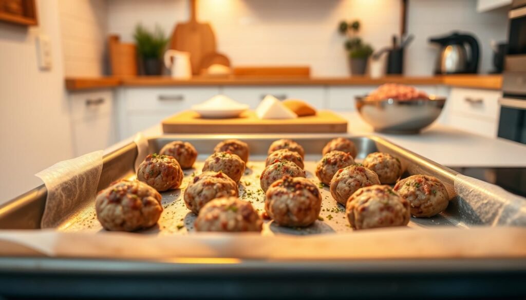 A baking tray in the foreground, filled with perfectly shaped meatballs seasoned with herbs and spices. A warm, golden light illuminates the scene, casting a soft glow on the meatballs as they sizzle in the oven. In the middle ground, a kitchen counter with a few key ingredients, such as breadcrumbs, parmesan, and a bowl of ground meat, suggesting the steps leading up to this baking moment. The background is a cozy, modern kitchen, with clean white tiles and minimalist decor, creating a calm, inviting atmosphere. The overall composition emphasizes the process of baking meatballs, from preparation to the final, mouthwatering result. A baking tray in the foreground, filled with perfectly shaped meatballs seasoned with herbs and spices. A warm, golden light illuminates the scene, casting a soft glow on the meatballs as they sizzle in the oven. In the middle ground, a kitchen counter with a few key ingredients, such as breadcrumbs, parmesan, and a bowl of ground meat, suggesting the steps leading up to this baking moment. The background is a cozy, modern kitchen, with clean white tiles and minimalist decor, creating a calm, inviting atmosphere. The overall composition emphasizes the process of baking meatballs, from preparation to the final, mouthwatering result.
