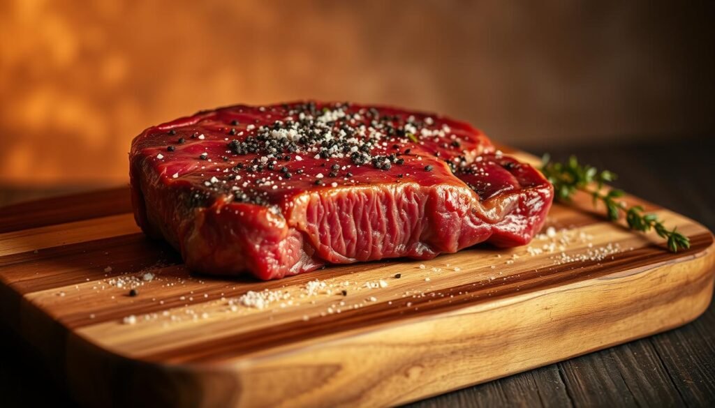 A beautifully lit London broil steak resting on a wooden cutting board, seasoned with a bold blend of coarse sea salt, freshly cracked black pepper, garlic powder, and a hint of dried oregano. The steak glistens under the warm, soft lighting, its rich mahogany hue accentuated by the natural wood tones of the board. In the background, a muted, earthy backdrop provides a sense of rustic elegance, complementing the simple yet sophisticated presentation. The overall scene conveys a sense of culinary mastery and the aromatic anticipation of a delicious meal to come.