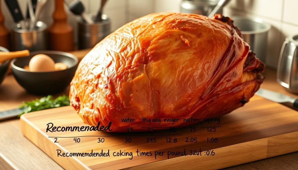 A beautifully lit ham resting on a rustic wooden cutting board, surrounded by a neatly arranged array of kitchen tools and utensils. The ham's golden-brown exterior glistens under the warm, directional lighting, casting soft shadows that accentuate its succulent texture. In the foreground, a calligraphic, hand-drawn chart outlines the recommended cooking times per pound, presented in a clean, minimalist style that complements the overall composition. The scene conveys a sense of culinary expertise and attention to detail, perfectly suited to illustrate the "Recommended Cooking Times for Ham" section of the article.