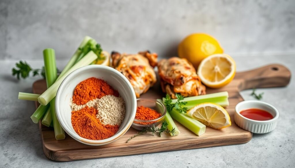 A beautifully lit still life arrangement showcases the essential ingredients for mouthwatering baked chicken wings. In the foreground, an elegant ceramic bowl holds an array of vibrant seasonings - smoky paprika, aromatic garlic powder, and a sprinkle of fresh thyme. Arranged around the bowl are crisp celery sticks, juicy lemon wedges, and a small dish of tangy hot sauce, inviting the viewer to envision the flavorful cooking process. The middle ground features a rustic wooden board, the surface lightly worn, lending a sense of artisanal craftsmanship. In the background, a neutral gray backdrop provides a clean, minimalist canvas, allowing the carefully curated ingredients to take center stage. The overall mood is one of culinary sophistication and mouthwatering anticipation.
