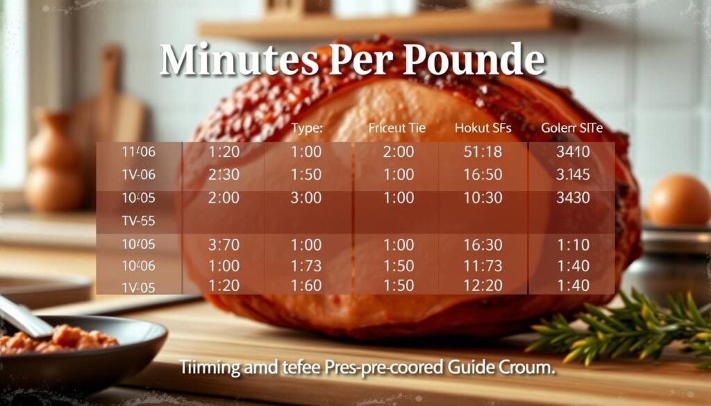A beautifully rendered image of a "minutes per pound" guide, showcasing the optimal cooking times for various ham sizes and types. Set against a softly-lit kitchen backdrop, with warm wooden accents and a subtle grunge texture, the guide is presented in a clean, minimal design style. The text is elegantly typeset, with a subtle drop shadow for depth. The overall composition conveys a sense of culinary expertise and refined style, perfectly suited to illustrate the "Timing and Temperature Guide" section of the article on delicious pre-cooked ham preparation.
