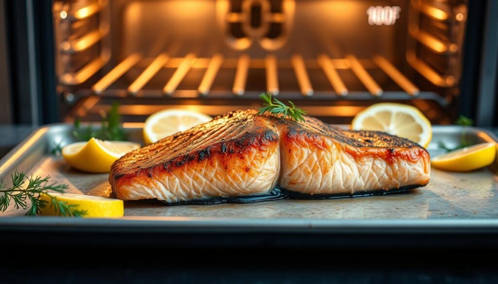 A beautifully seared salmon fillet, its crispy skin glistening in the warm, diffused light of a modern kitchen. The fish rests atop a simple baking sheet, surrounded by a handful of fresh lemon wedges and sprigs of fragrant dill. In the background, a sleek oven with its temperature set to 400°F, ready to evenly bake the salmon to tender, flaky perfection. The overall scene exudes an air of culinary expertise and mouthwatering anticipation.