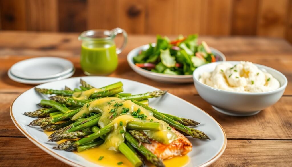 A beautifully styled table with a selection of delectable side dishes for a pan-seared salmon meal. In the foreground, a platter showcases roasted asparagus spears drizzled with a lemon-garlic butter sauce. Beside it, a bowl of creamy mashed potatoes flecked with fresh chives. In the middle ground, a small pitcher of vibrant green chimichurri sauce and a simple mixed green salad with a light vinaigrette dressing. The background features a rustic wood surface, with warm, directional lighting casting a soft, inviting glow over the scene. The overall mood is one of elegant simplicity, highlighting the complementary flavors and textures that would elevate a home-cooked salmon dish.