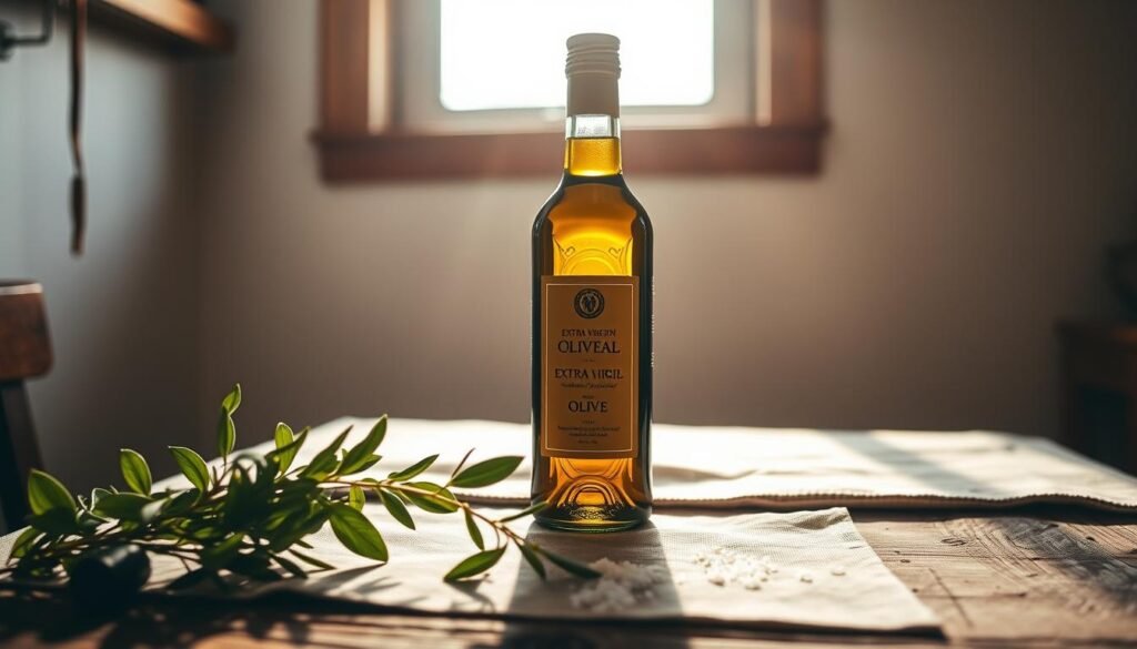 A bottle of extra virgin olive oil standing on a rustic wooden table, casting a soft, warm glow in the natural daylight streaming through a window. The bottle has a classic shape with a label showcasing the premium quality of the oil. The table is adorned with a simple linen cloth, creating a minimalist, earthy aesthetic. In the foreground, a few fresh herbs and a sprinkle of coarse sea salt add a touch of culinary elegance, hinting at the versatile applications of this nourishing ingredient. A bottle of extra virgin olive oil standing on a rustic wooden table, casting a soft, warm glow in the natural daylight streaming through a window. The bottle has a classic shape with a label showcasing the premium quality of the oil. The table is adorned with a simple linen cloth, creating a minimalist, earthy aesthetic. In the foreground, a few fresh herbs and a sprinkle of coarse sea salt add a touch of culinary elegance, hinting at the versatile applications of this nourishing ingredient.