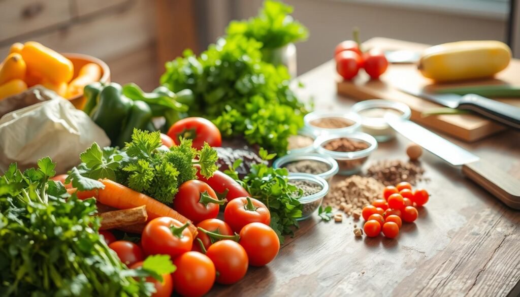 A bountiful spread of fresh, high-quality ingredients on a rustic wooden table, basking in warm, natural light. In the foreground, an assortment of seasonal vegetables, their vibrant colors and textures pop against the muted tones of the table. In the middle ground, a selection of herbs, spices, and seasonings, neatly arranged in small bowls, their aromas wafting through the air. In the background, a few key kitchen tools, such as a sharp chef's knife and a set of measuring cups, suggesting the preparatory steps to come. The overall composition conveys a sense of culinary abundance and the promise of a flavorful, well-crafted dish.