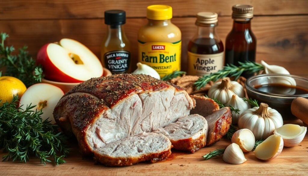 A carefully composed still life showcasing an array of flavorful accompaniments to a juicy pork tenderloin. In the foreground, the succulent pork roast takes center stage, seasoned with a blend of aromatic herbs and spices. Surrounding it, an assortment of vibrant produce - fresh thyme sprigs, sliced apples, sautéed onions, and roasted garlic cloves - arranged in a visually appealing manner. In the middle ground, a selection of condiments and sauces, such as grainy mustard, apple cider vinegar, and a rich demi-glace, suggesting the myriad ways to enhance the pork's natural flavors. The background features a rustic wooden surface, lending a warm, homey atmosphere to the scene, lit by soft, natural lighting that casts gentle shadows and highlights the textures of the ingredients.