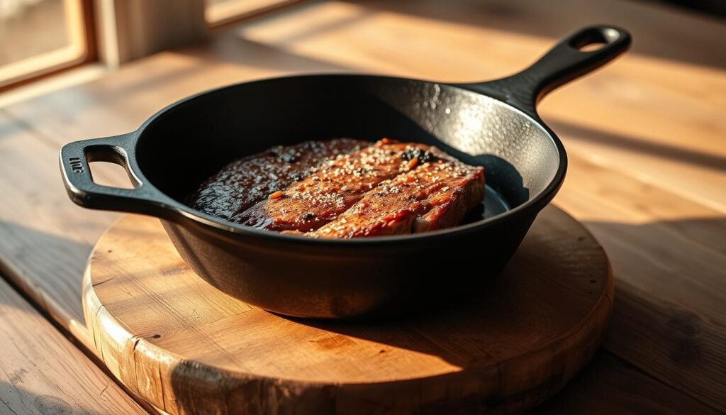 A cast iron skillet, its matte black surface gleaming in the warm, golden light. The skillet is set atop a rustic wooden surface, casting soft shadows that accentuate its sturdy, vintage aesthetic. The scene evokes a sense of timeless culinary tradition, with the skillet standing as a reliable tool for searing, sautéing, and crafting flavorful dishes. The lighting is soft and natural, creating a cozy, inviting atmosphere perfect for the preparation of a succulent New York strip steak. The entire composition radiates a sense of quality, functionality, and the promise of a delicious, home-cooked meal.