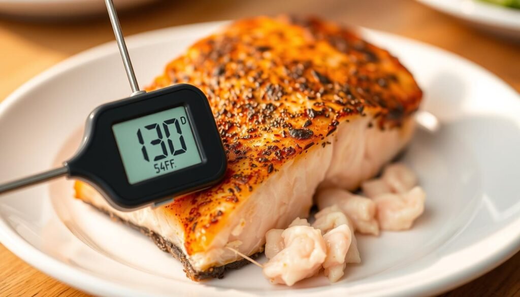 A close-up, high-resolution photograph of a perfectly cooked salmon fillet, with a crisp, golden-brown crust on the exterior and a moist, flaky interior. The salmon is resting on a white ceramic plate, with a digital meat thermometer inserted into the thickest part, displaying the ideal doneness temperature of 130°F (54°C). The lighting is natural and warm, casting a soft, inviting glow on the salmon and highlighting its delicate texture. The background is blurred, keeping the focus on the salmon and the thermometer, which together illustrate the visual cues and temperature guidelines for perfectly cooked salmon.