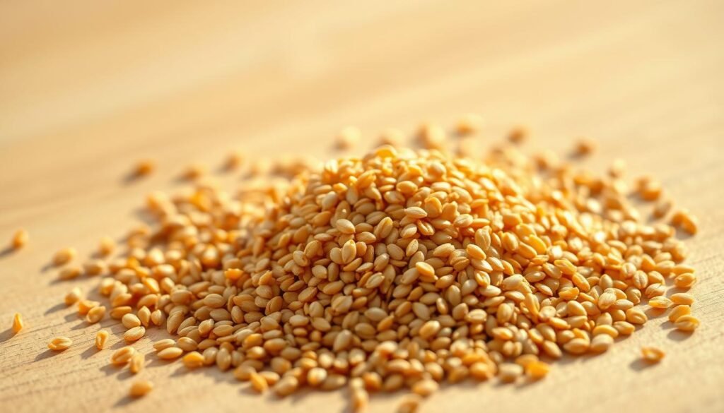 A close-up, high-resolution photograph of a pile of golden-brown sesame seeds, arranged in a natural, scattered pattern on a light wooden surface. The seeds are illuminated by warm, diffused lighting from the side, casting soft shadows and highlighting their intricate textures and subtle sheen. The background is slightly blurred, creating a sense of depth and focus on the the foreground seeds. The overall composition is clean, minimalist, and emphasizes the rich, earthy tones and delicate nature of the sesame seeds, conveying a sense of simple, wholesome ingredients that can add big flavor to a dish.