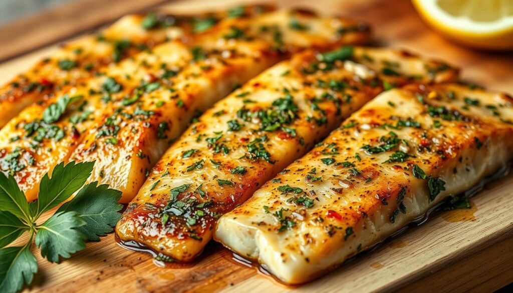 A close-up of various marinated tilapia fillets, neatly arranged on a rustic wooden cutting board. The fish is coated in a vibrant, fragrant marinade made with fresh herbs, garlic, lemon, and a hint of spice. The fillets are glistening under soft, warm lighting, creating a mouthwatering, appetizing scene. The background is blurred, focusing the viewer's attention on the delectable, seasoned tilapia. Captured at a high resolution with a shallow depth of field, showcasing the flaky texture and rich colors of the perfectly prepared seafood.