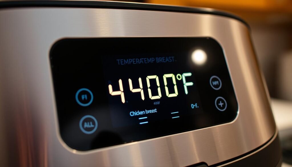 A close-up shot of a digital air fryer display, showcasing the temperature settings. The screen is well-lit, with a soft, warm glow illuminating the numbers and text. The panel is made of sleek, brushed metal, reflecting the kitchen countertop behind it. The temperature is set to a precise 400°F, indicating the optimal heat level for cooking chicken breast. The display is crisp and clear, with the numbers and settings easy to read at a glance. The overall mood is one of precision and control, conveying the importance of temperature when preparing a perfectly cooked chicken dish.