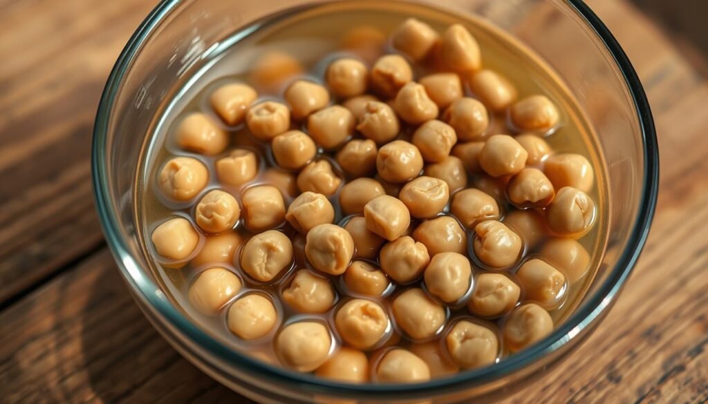 A close-up shot of a glass bowl filled with soaked chickpeas, their rich, earthy tones standing out against the clear water. The chickpeas are plump and glistening, their surfaces slightly wrinkled from the hours of soaking. A natural, soft light illuminates the scene, casting gentle shadows and highlighting the textural details of the legumes. The bowl is placed on a wooden table, its rustic surface providing a warm, earthy backdrop. The overall mood is one of simplicity and preparation, setting the stage for the culinary journey ahead.
