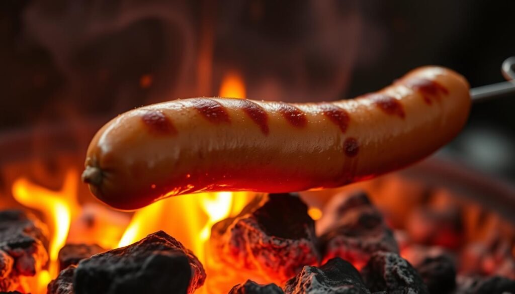 A close-up shot of a juicy, plump bratwurst sausage sizzling on a cast-iron skewer over a bed of glowing charcoal embers. The sausage's golden-brown casing is slightly charred, with tiny beads of sizzling fat glistening on the surface. The scene is bathed in a warm, amber glow from the fire, casting dramatic shadows that accentuate the sausage's contours. The background is blurred, putting the focus entirely on the sausage's tantalizing texture and aroma. The overall mood evokes the comforting and mouthwatering essence of perfectly grilled bratwurst.