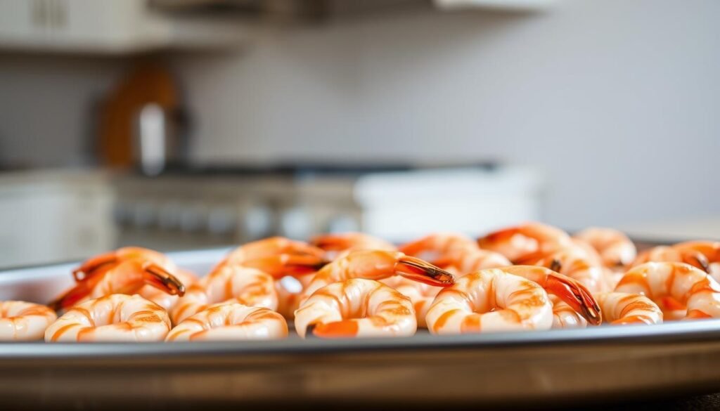 A close-up shot of a metal baking tray filled with perfectly arranged, succulent shrimp in the middle ground. The shrimp are glistening with a light glaze, their natural pink hues accentuated by warm, soft lighting from the side. In the background, a clean, neutral-toned kitchen environment provides a minimalist backdrop, allowing the shrimp to be the focal point. The overall mood is one of culinary precision and appetizing presentation, capturing the essence of the "Oven Time and Temperature Guide by Shrimp Size" section.