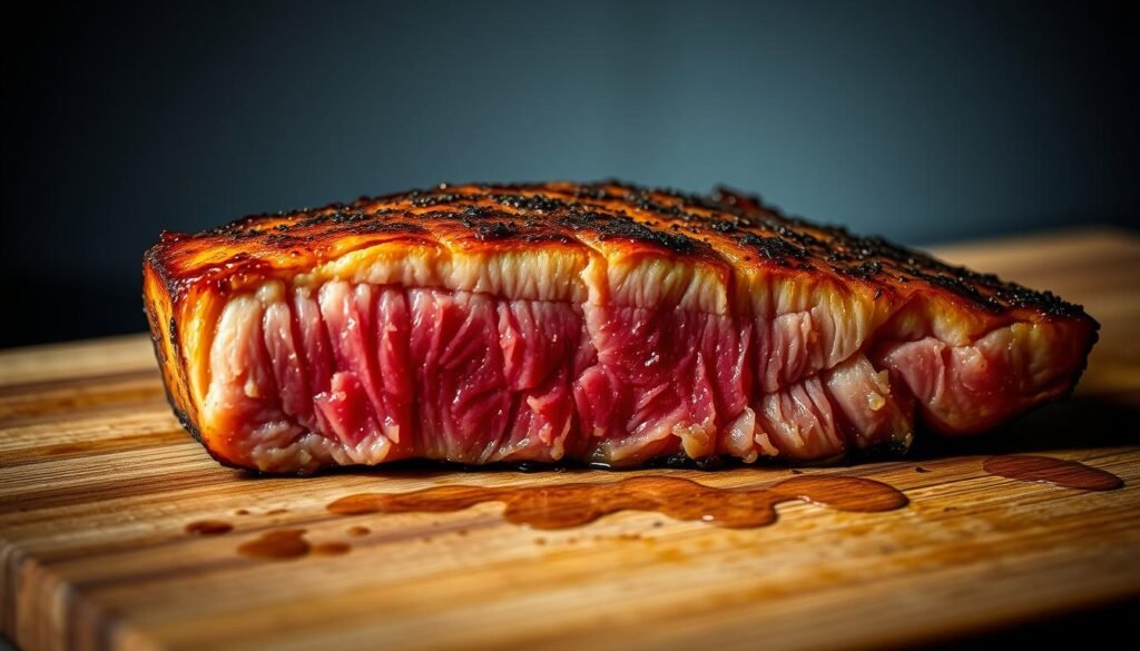 A close-up shot of a seared ahi tuna steak on a cutting board, showcasing the golden-brown crust and moist, pinkish-red center. Droplets of oil or marinade glisten on the surface, hinting at the flavorful preparation. The tuna is positioned against a neutral background, allowing the textures and colors to take center stage. Dramatic low-key lighting casts dramatic shadows, emphasizing the tuna's sculptural qualities. The camera is positioned at a slight angle, providing an intimate, almost clinician's-eye view of the troublesome tuna preparation challenges. The overall mood is one of contemplative examination, inviting the viewer to consider the potential pitfalls of searing ahi tuna and how to overcome them.