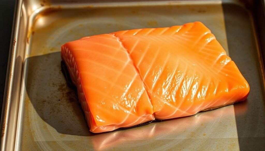 A close-up shot of a succulent salmon fillet, skin side up, resting on a shiny metallic baking sheet. The fish glistens under soft, natural lighting, revealing its vibrant coral hue and delicate, flaky texture. The skin is crisp and golden, providing a tantalizing contrast to the tender, moist flesh beneath. The fillet is photographed from a slightly elevated angle, capturing its elegant, rectangular shape and the subtle shadows that accentuate its volume. The background is a muted, neutral tone, allowing the salmon to take center stage and showcase its inherent beauty and culinary potential.
