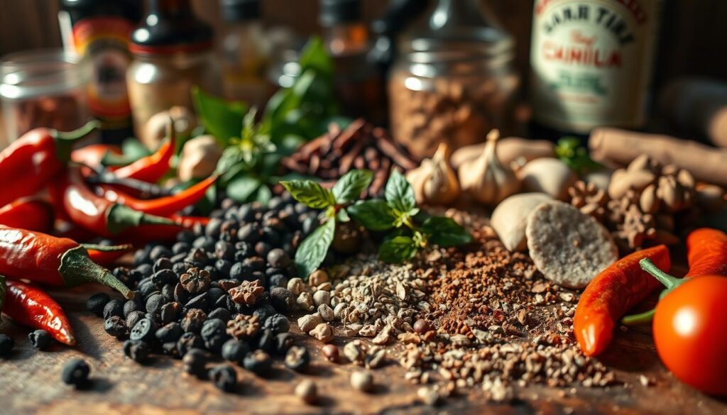 A close-up shot of a variety of aromatic spices, herbs, and seasonings, artfully arranged on a rustic wooden surface. The foreground features vibrant red chili peppers, cracked black peppercorns, and a scattering of cumin seeds. The middle ground showcases fragrant bay leaves, dried oregano, and a pinch of smoked paprika. In the background, a selection of sauces and condiments, including a bottle of soy sauce and a jar of minced garlic, add depth and complexity to the scene. The lighting is soft and natural, creating warm shadows that accentuate the textures and colors of the ingredients. The overall mood is one of culinary exploration and the promise of a flavorful, authentic black bean dish.