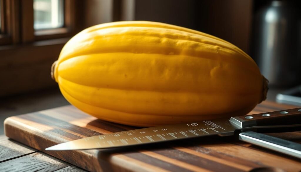 A close-up shot of a whole spaghetti squash, its golden-yellow oblong shape resting on a rustic wooden surface. The squash's skin is smooth, with distinct longitudinal ridges. Soft, natural lighting from a window casts a warm glow, creating delicate shadows that accentuate the squash's textural details. In the foreground, a sharp chef's knife and a sturdy cutting board are positioned, ready for the safe and precise cutting of the squash. The background is blurred, allowing the viewer to focus on the intricate preparation of this versatile vegetable.