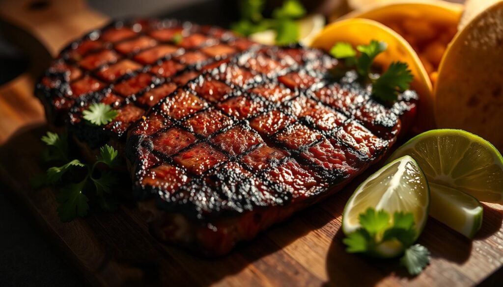 A close-up shot of expertly grilled carne asada, sizzling hot and charred to perfection, resting on a wooden cutting board. The steak's deep red hue and mouthwatering marbled texture are the focal point, surrounded by a simple yet elegant arrangement of fresh cilantro, lime wedges, and a side of warm corn tortillas. Dramatic side lighting casts dramatic shadows, accentuating the succulent and tender nature of the meat. The overall mood is one of authentic Mexican cuisine, inviting the viewer to imagine assembling the perfect carne asada taco or piling the flavorful steak into a hearty rice and bean bowl.