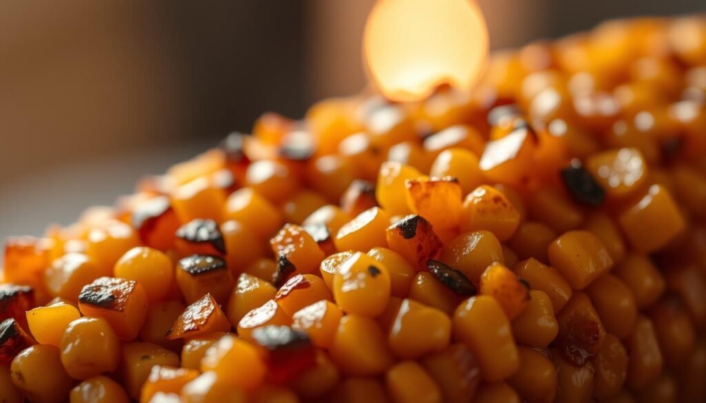 A close-up shot of succulent, golden-brown roasted corn kernels, glistening with a caramelized glaze. The kernels are plump and juicy, with a slight charring around the edges, revealing their natural sweetness. Backlit by a warm, soft light that casts a delicate glow, highlighting the intricate texture and shape of each individual kernel. The composition emphasizes the foreground, putting the focus on the beautifully roasted corn, while the background is softly blurred, creating a sense of depth and drawing the viewer's attention to the star of the image. The overall mood is inviting and appetizing, conveying the perfect balance of tenderness and caramelization that this oven-baked corn on the cob recipe promises.