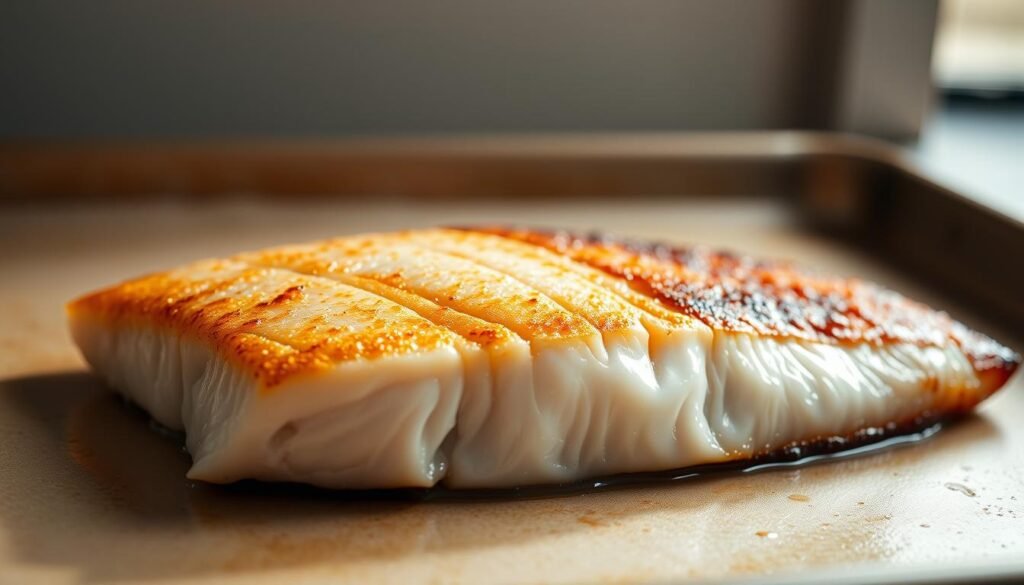 A close-up view of a perfectly seared mahi mahi fillet, fresh from the stovetop, resting on a baking sheet. The fish displays a golden-brown crust, with delicate, flaky white meat shimmering beneath. Soft shadows cast across the surface, accentuating the intricate textures. The background is clean and minimalist, allowing the mahi mahi to take center stage. Warm, diffused lighting from above creates a cozy, inviting atmosphere, highlighting the dish's appetizing appearance. The camera angle is slightly elevated, providing a compelling, almost three-dimensional perspective. A close-up view of a perfectly seared mahi mahi fillet, fresh from the stovetop, resting on a baking sheet. The fish displays a golden-brown crust, with delicate, flaky white meat shimmering beneath. Soft shadows cast across the surface, accentuating the intricate textures. The background is clean and minimalist, allowing the mahi mahi to take center stage. Warm, diffused lighting from above creates a cozy, inviting atmosphere, highlighting the dish's appetizing appearance. The camera angle is slightly elevated, providing a compelling, almost three-dimensional perspective.