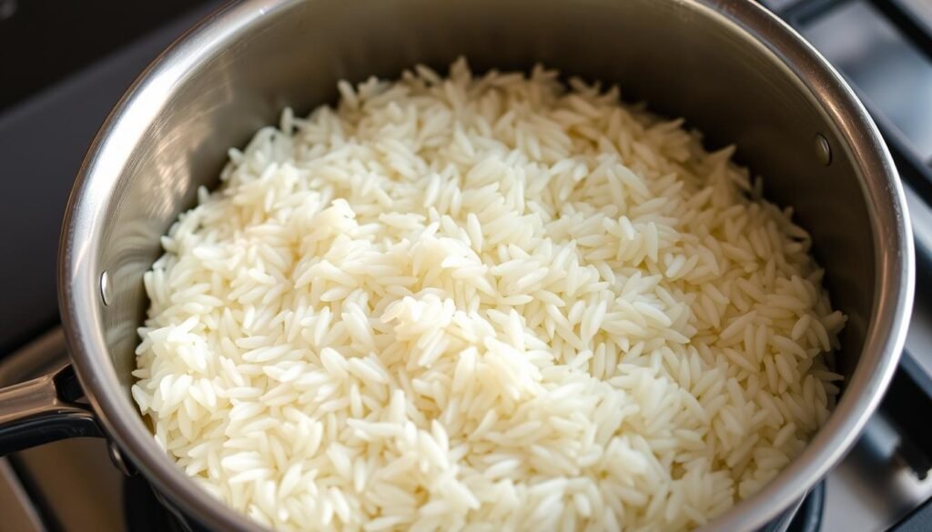 A close-up view of a stainless steel pot filled with steaming, fluffy basmati rice. The grains are pearly white and glistening, arranged in a neat, symmetrical pattern. The pot is set atop a gas stovetop, with the burner just visible in the background, casting a warm, amber glow. The lighting is natural and soft, creating delicate shadows that highlight the texture and individual grains of the rice. The scene exudes a sense of culinary expertise and attention to detail, perfectly capturing the step-by-step process of cooking basmati rice using the absorption method.