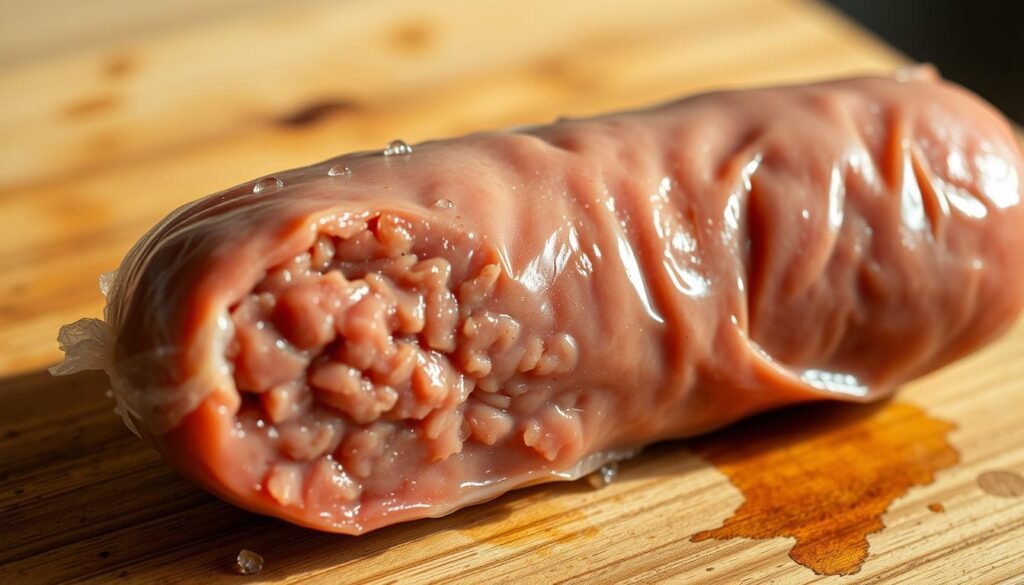 A close-up view of an Italian sausage link, partially thawed and resting on a wooden cutting board. The sausage's casing has a slightly translucent quality, revealing the juicy, finely ground meat within. Droplets of condensation glisten on the surface, hinting at the gradual warming process. Soft, natural lighting from an overhead source casts gentle shadows, accentuating the sausage's textural details. The scene conveys a sense of anticipation, as the sausage prepares to be transformed into a delectable meal.