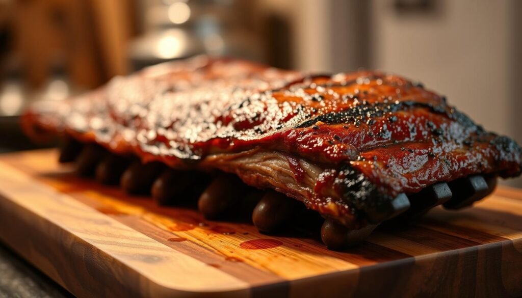 A close-up view of perfectly cooked oven-roasted beef ribs, resting on a wooden cutting board. The ribs have a deep, rich brown exterior with a caramelized, slightly charred crust, indicating a long, slow cooking process. The meat appears tender and juicy, glistening under the warm, soft lighting. The background is slightly blurred, allowing the viewer to focus on the mouthwatering details of the ribs. The overall atmosphere is one of rustic elegance, showcasing the simple beauty of well-prepared, high-quality ingredients.