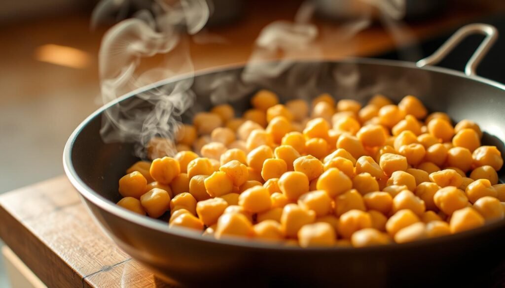 A close-up view of several chickpeas in a shallow pan on a wooden kitchen counter, with steam rising from the pan. The chickpeas are in varying stages of doneness, some still firm and others slightly softened, reflecting the cooking time progression. The lighting is warm and natural, creating a cozy, homey atmosphere. The pan is positioned at a slight angle, allowing for a clear view of the chickpeas and their gradual transformation during the cooking process. The background is blurred, keeping the focus on the chickpeas and the key variables that affect their cooking time.