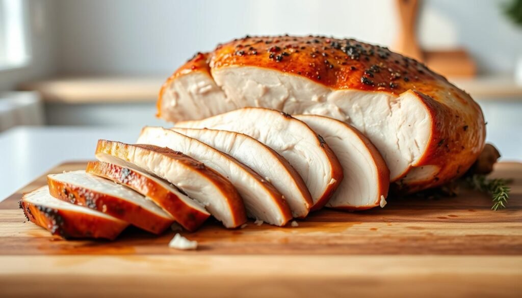 A delectable turkey breast, roasted to perfection, sits atop a rustic wooden cutting board. Thin slices reveal the juicy, tender meat, begging to be transformed into a delightful leftover meal. The natural light casts a warm, inviting glow, highlighting the slightly crisp skin and the subtle hints of herbs and spices that linger. In the background, a clean, minimalist kitchen backdrop provides a clean canvas, allowing the star of the dish to take center stage. This image captures the essence of a succulent turkey breast, ready to be reimagined into sandwiches, salads, and soups, offering a delicious second life for this Thanksgiving staple.