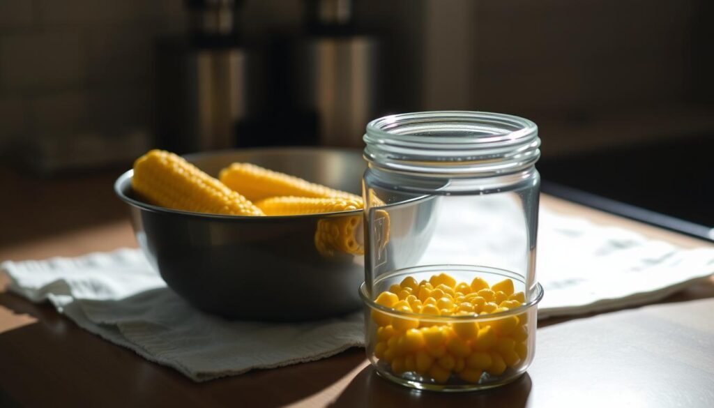 A dimly lit kitchen counter, with a metal bowl of freshly cooked corn on the cob resting on a crisp white towel. The corn glistens with a light sheen, its kernels plump and juicy. In the foreground, a clear glass container with an airtight lid stands ready to store the leftover corn. Soft, warm lighting casts gentle shadows, creating a cozy, homely atmosphere. The composition is balanced, with the bowl and container taking center stage, surrounded by subtle details that enhance the scene's sense of domesticity and practicality. The overall mood is one of comfort and nourishment, capturing the essence of preserving a delicious surplus for later enjoyment.