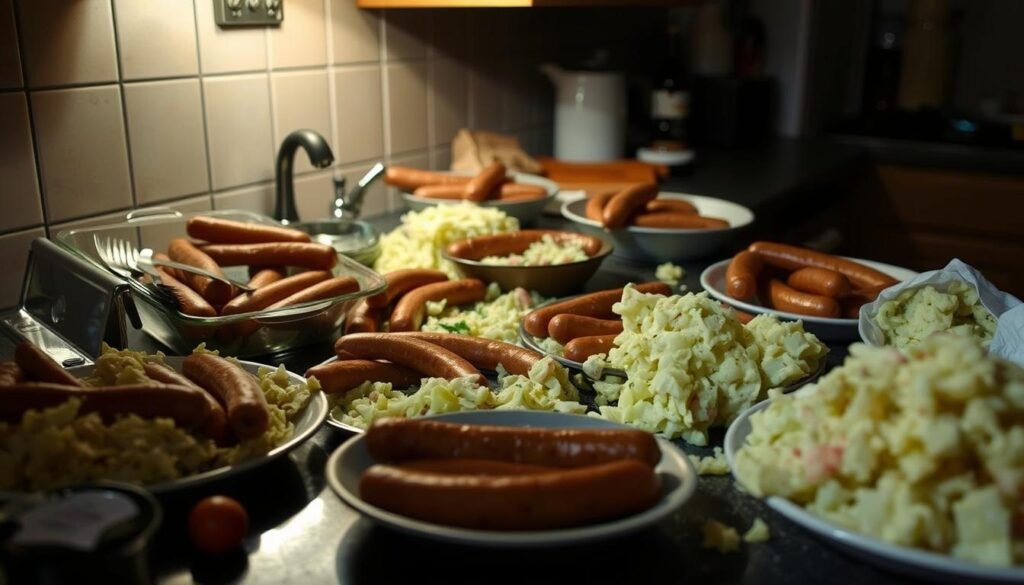 A dimly lit kitchen countertop, littered with an array of leftover bratwurst, sauerkraut, and potato salad. The items are haphazardly arranged, some still in their serving dishes, others spilling onto the surface. The lighting is warm and muted, casting soft shadows that accentuate the textures of the food. A sense of hominess and comfort permeates the scene, inviting the viewer to imagine the satisfying meal that has come before. The overall composition suggests a casual, relaxed atmosphere, perfect for the "Storing, reheating, and leftovers" section of the bratwurst guide.