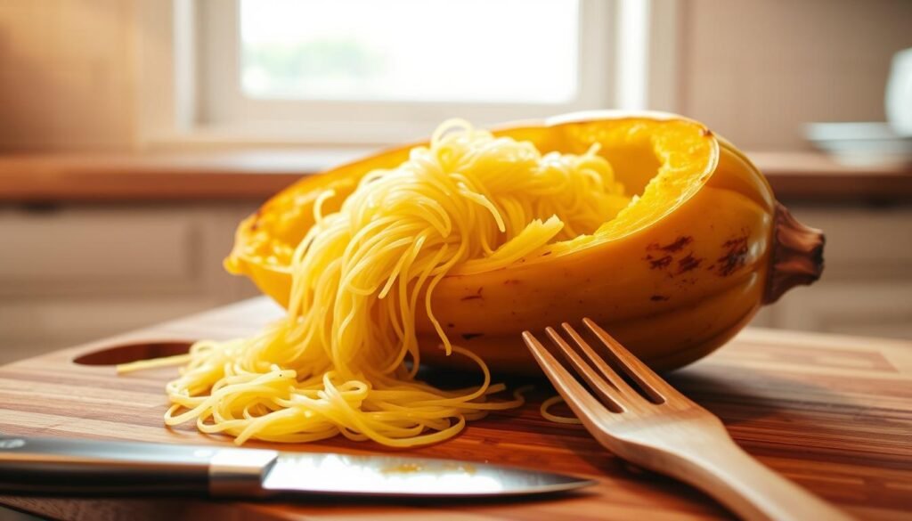 A freshly roasted spaghetti squash rests on a wooden cutting board, its golden flesh glistening under the warm, gentle light of a kitchen window. Slender strands of squash cascade from the halved vegetable, revealing its signature spaghetti-like texture. In the foreground, a stainless steel knife and a wooden fork stand ready, hinting at the upcoming process of scraping and serving the tender squash. The scene exudes a comforting, homey atmosphere, inviting the viewer to imagine the aroma of the just-roasted squash and the satisfying sensation of twirling its delicate strands on a fork.