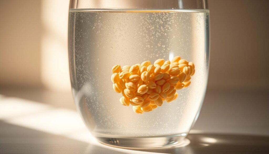 A glass container filled with clear, sparkling water, reflecting the light in a soft, natural way. Suspended within the water, a handful of plump, golden-brown farro grains, gently swirling and suspended in the liquid. The scene is bathed in a warm, diffused light, creating a serene and inviting atmosphere. The glass is positioned on a simple, minimalist surface, allowing the focus to remain on the captivating texture and clarity of the water and farro. The overall composition conveys a sense of purity, nourishment, and the elegant simplicity of the essential ingredients required for cooking farro.