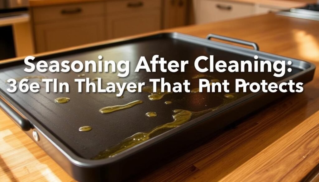 A gleaming, well-seasoned Blackstone griddle, its surface adorned with a thin, protective layer of oil that glistens under soft, warm lighting. The griddle rests on a wooden surface, complemented by a background of natural textures and earthy tones, evoking the cozy atmosphere of a modern kitchen. The image captures the essence of "Seasoning After Cleaning: The Thin Layer That Protects," highlighting the importance of this crucial step in maintaining the optimal performance and longevity of the Blackstone griddle.