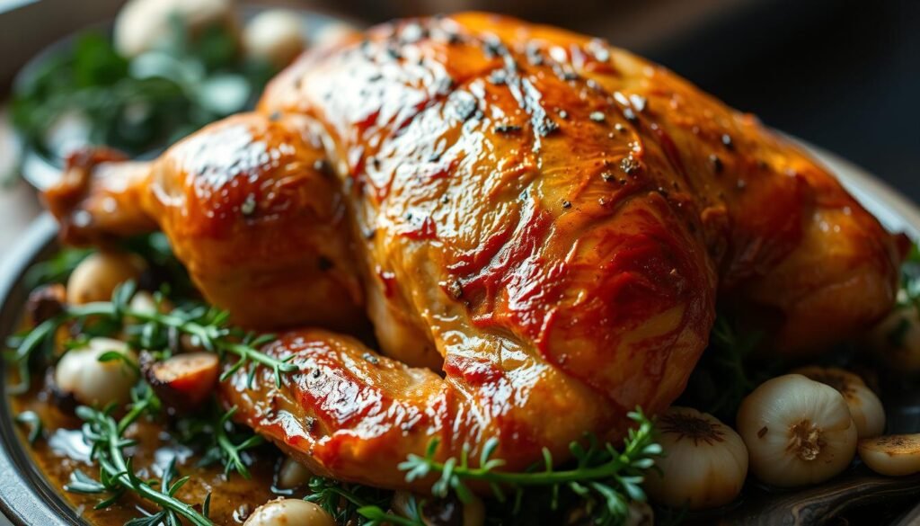 A golden-brown roasted turkey breast, expertly cooked to perfection, nestled on a bed of fresh herbs and garlic. The meat glistens under the warm, even lighting, showcasing its juicy, tender texture. The scene is captured from a high angle, providing a clear, unobstructed view of the dish. The background is subtly blurred, allowing the turkey to take center stage. The overall mood is one of culinary mastery, inviting the viewer to imagine the rich, savory flavors and satisfying mouthfeel of this perfectly prepared poultry centerpiece.