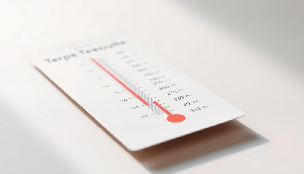 A high-resolution, detailed image of a temperature guide, showcasing a sleek, modern design with a minimalist aesthetic. The guide features a clean, linear layout with distinct temperature ranges displayed in a clear, easy-to-read format. The background is a soft, neutral tone, allowing the guide to take center stage. The guide is lit with natural, diffused lighting, creating a sense of depth and dimension. The overall atmosphere is one of precision, simplicity, and functionality, reflecting the section title "Time, Temperature, and Doneness I Trust".