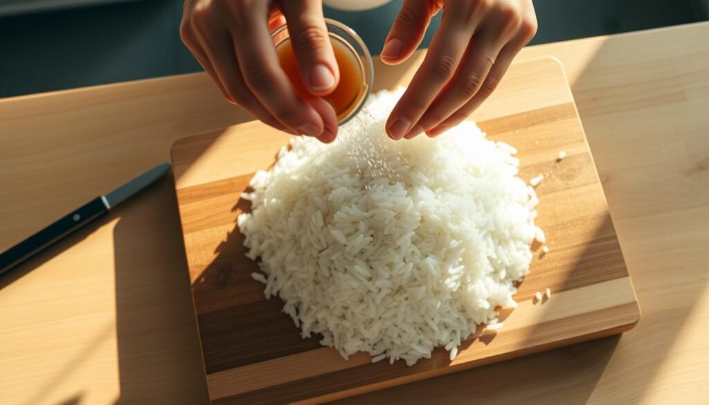 A kitchen counter bathed in warm, natural light. On the surface, a wooden cutting board holds a mound of freshly cooked sushi rice, its grains glistening. A chef's hands gently sprinkle a mixture of rice vinegar, sugar, and salt over the rice, kneading and folding it to evenly distribute the seasoning. The aroma of the tangy, slightly sweet dressing permeates the air, complementing the clean, minimalist aesthetic of the scene. The composition is balanced, with the seasoned rice taking center stage, surrounded by a few simple kitchen tools. An overhead, slightly angled camera angle captures the precise, methodical process of preparing the sushi rice, ready to be formed into perfect nigiri or rolled into delicate maki.