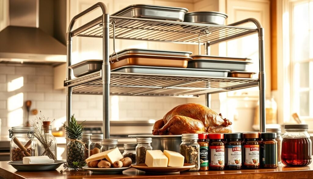 A large, gleaming stainless steel roasting pan rack, positioned prominently in a bright, well-lit kitchen. The rack is sturdy, with multiple tiers to hold a variety of roasting pans and baking sheets. The scene is bathed in warm, natural light, casting soft shadows and highlighting the rack's polished surfaces. In the foreground, various aromatics, pats of butter, and an assortment of seasoning jars are neatly arranged, ready to be used in the preparation of a substantial 15 lb turkey. The overall atmosphere is one of organized efficiency, with the roasting pan rack serving as the centerpiece of this meticulously prepared cooking space.