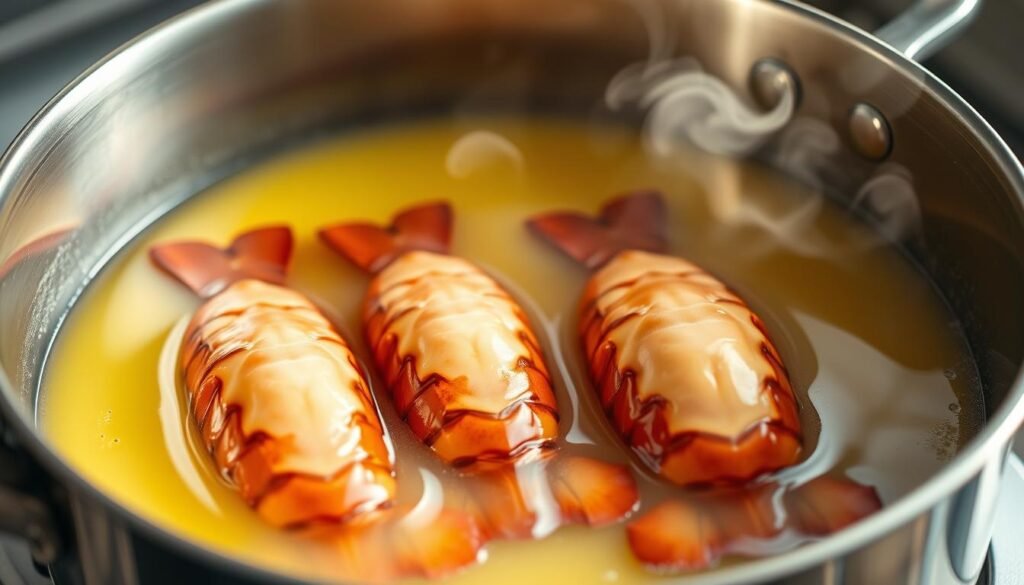 A large, polished stainless steel saucepan filled with gently simmering butter. Plump, succulent lobster tails are carefully lowered into the silky liquid, sinking below the shimmering surface. Steam gently rises, casting a warm, golden glow over the scene. The tails gently poach, their tender meat slowly infusing with the rich, creamy butter. The background is softly blurred, keeping the focus on the delicate culinary process unfolding. Soft, even lighting from above casts subtle shadows, highlighting the smooth, glistening texture of the lobster and the inviting, soothing nature of the butter poaching technique.