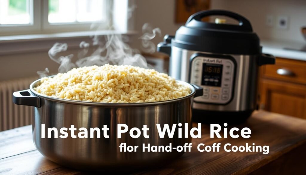 A large, stainless steel Instant Pot sits prominently on a rustic wooden table, filled with a fluffy, golden-brown wild rice. Wisps of fragrant steam rise from the pot, illuminated by soft, natural lighting filtering through a nearby window. In the background, a simple, uncluttered kitchen scene suggests a cozy, homey atmosphere. The image conveys the ease and convenience of hands-off Instant Pot cooking, perfectly capturing the essence of the "Instant Pot Wild Rice for Hands-Off Cooking" section.