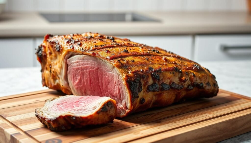 A masterfully seared tri-tip roast takes center stage, its golden-brown crust glistening under bright studio lighting. The meat is sliced at a sharp diagonal, revealing a perfectly pink, juicy interior. Alongside, a wooden cutting board is positioned, its weathered surface complementing the rustic scene. In the background, a simple kitchen countertop provides a clean, minimalist backdrop, allowing the star of the dish to shine. The overall composition exudes a sense of culinary expertise and attention to detail, capturing the essence of a well-executed tri-tip preparation.