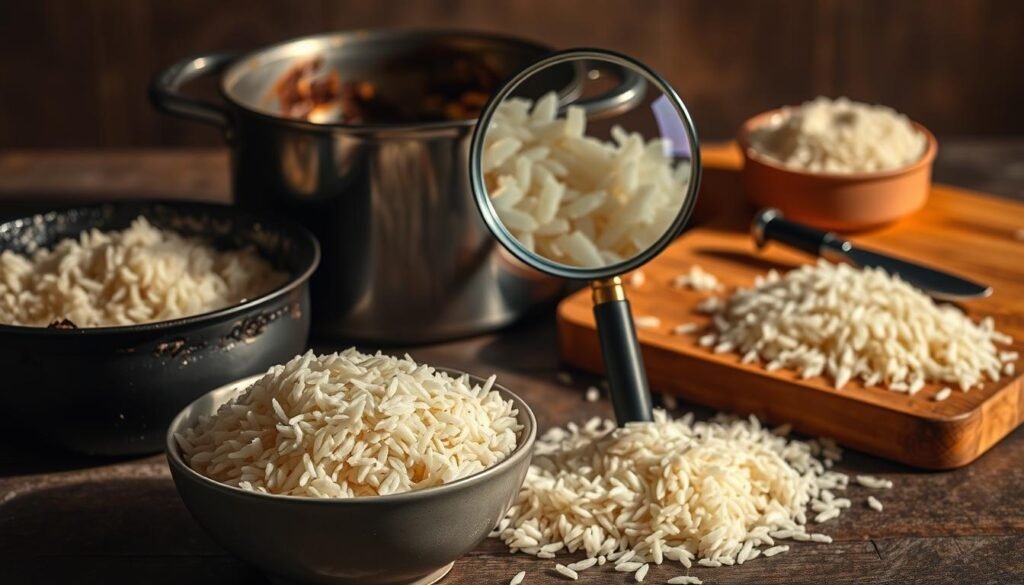 A meticulously arranged still life showcasing the common challenges encountered when cooking basmati rice. In the foreground, a bowl of gummy, undercooked grains sits alongside a scorched pot, highlighting the pitfalls of improper technique. The middle ground features a magnifying glass scrutinizing the texture and doneness of the rice, conveying the need for close observation. In the background, a wooden cutting board displays uncooked basmati, subtly suggesting the desired end result. Warm, directional lighting casts subtle shadows, creating depth and emphasizing the tactile nature of the scene. The overall mood is one of thoughtful introspection, guiding the viewer towards a better understanding of the art of perfect basmati rice preparation.