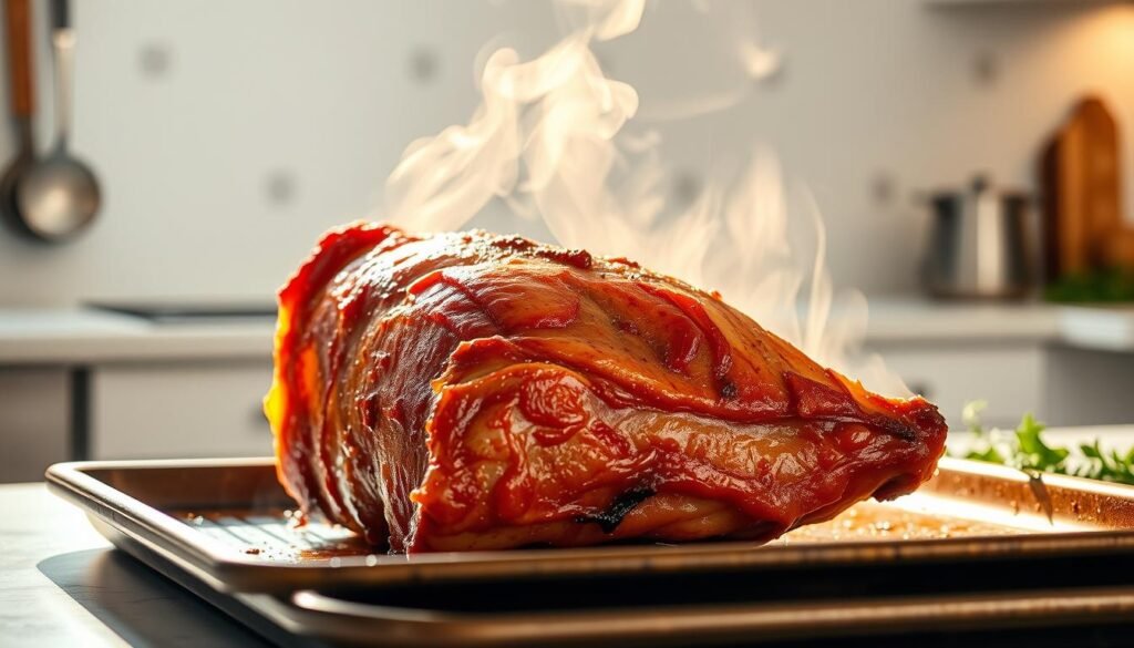 A meticulously detailed image of pork belly roasting in a well-lit kitchen. The pork belly is prominently placed on a baking tray, its golden-brown skin glistening under warm, natural lighting. Wisps of aromatic steam rise from the juicy meat, hinting at the savory flavors to come. The background features a clean, minimalist kitchen counter, with a few carefully placed kitchen utensils and herbs, creating a sense of culinary expertise. The overall mood is one of anticipation and mouthwatering delight, capturing the essence of the "Cooking Times and Temperatures for Pork Belly" section.