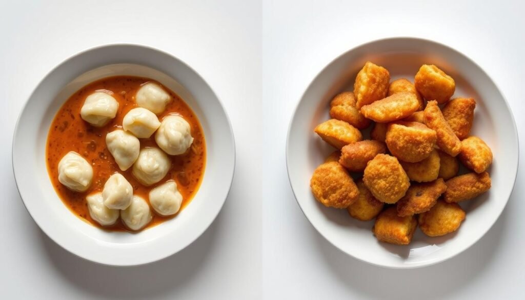 A meticulously lit studio shot, showcasing two side-by-side plates. The left plate displays fluffy, pillowy gnocchi in a rich, creamy sauce, while the right plate features crisp, golden-brown fried gnocchi with a crunchy exterior. The lighting accentuates the textural contrast, with soft, diffused illumination on the boiled gnocchi and more directional lighting creating highlights on the fried version. The background is a clean, minimalist surface, allowing the focus to remain on the two gnocchi preparations. The composition is balanced, with the plates positioned to draw the viewer's attention to the distinct textures and preparation methods.
