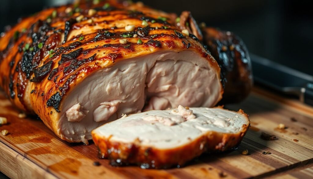 A mouth-watering pork loin roast, perfectly seared with a golden-brown crust, resting on a wooden cutting board. The aroma of garlic, herbs, and caramelized juices fills the air, setting the stage for a delectable culinary experience. Soft, ambient lighting casts gentle shadows, accentuating the succulent texture and juicy interior. The pork loin is sliced, revealing a tender, pink center, ready to be served alongside your favorite side dishes. This image captures the essence of a flavorful and satisfying pork loin cooking method, perfectly suited to illustrate the "Cooking Methods for Pork Loin" section of the "Juicy and Flavorful London Broil: A Guide" article.