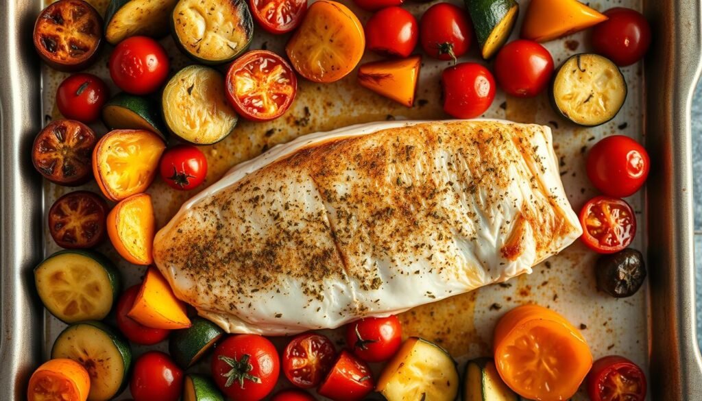 A neatly arranged baking sheet featuring a succulent tilapia fillet, surrounded by a medley of roasted vegetables like zucchini, bell peppers, and cherry tomatoes. The fish is lightly seasoned with a blend of herbs and spices, its golden-brown crust glistening under the warm, soft lighting that illuminates the scene. The vegetables are caramelized, their colors vibrant and inviting. The composition is balanced, with the fish taking center stage, complemented by the supporting cast of side dishes. The overall atmosphere is one of simplicity, comfort, and the enticing aroma of a wholesome, one-pan meal ready to be enjoyed.