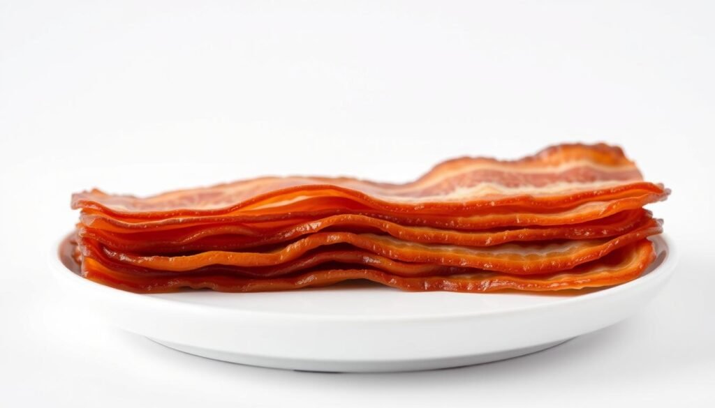 A neatly arranged stack of crisp, golden-brown bacon slices resting on a clean, bright white plate. The bacon glistens with a hint of rendered fat, creating a mouthwatering appearance. The plate is set against a simple, minimalist background, with soft, even lighting that enhances the texture and detail of the bacon. The overall scene conveys a sense of simplicity, cleanliness, and the delicious aroma of freshly cooked bacon, perfectly suited for the section on "Storing, Reheating, and Freezing Cooked Bacon".