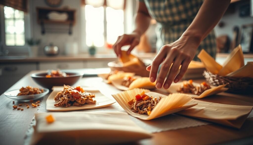 A neatly arranged workspace showcases the step-by-step assembly of homemade tamales. In the foreground, a skilled pair of hands carefully spreads masa onto softened corn husks, arranging the fillings like a culinary artist. The middle ground reveals the array of tamale ingredients - tender shredded pork, fragrant chili sauce, and vibrant vegetables. In the background, a bright, airy kitchen provides the perfect setting, with warm natural light filtering through the windows. The overall mood is one of focused craftsmanship and mouthwatering anticipation, as these soon-to-be-baked tamales await their journey to the oven. Soft, diffused lighting and a tight, intimate framing create a sense of cozy, homemade authenticity.